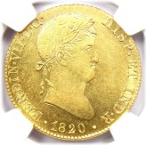 Ferdinand VII 4 Escudos Gold Coin - NGC AU58 Certified