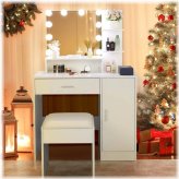 LED-Lighted Dressing Table with Drawers and Oval Mirror