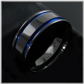 Blue Double Stripe Titanium Men's Ring - Gunmetal Finish (Sizes 5-15)