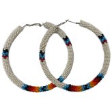 White Beaded Leverback Hoop Earrings