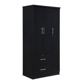 Black Triple Door Wardrobe with Storage and Hanging Rod