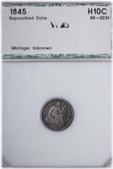 1845 Seated Liberty Half Dime with Repunched Date