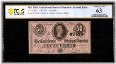 Civil War Era Confederate Half Dollar Note - T-72 PCGS 63