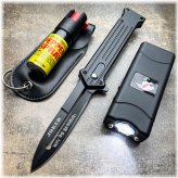 Defender's Trio: Compact Folding Knife, Stun Gun Flashlight, and Pepper Spray Set