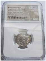 Roman Denarius Serratus with Wheel and Roma Dioscuri Horse, c.209-208 BC - NGC Certified