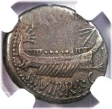 Ancient Roman Galley Silver Coin (32 BC)