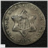 1853 Cleaned Silver Three Cent Piece