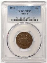 Fancy 5 1865 P Two Cent Piece PCGS XF-45 BN