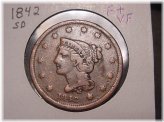 Braided Hair Large Cent - 1842 Small Date, F + VF Grade