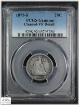 1875 S Silver Twenty Cent Piece - PCGS VF Detail