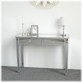 Silver Glass Makeup Desk with Mirrored Drawers and Modern Design