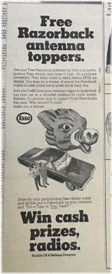 Razorbacks Antenna Topper - Hog Head Shape - 1968 Vintage Newspaper Ad