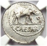Julius Caesar Silver Elephant Denarius Coin - 49 BC NGC AU Certified