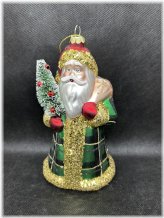 Tartan Plaid Green Glass Santa Christmas Ornament Bottle Brush Tree
