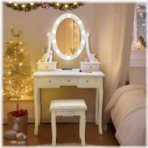 White Wood Dressing Table Set with LED Mirror and Stool