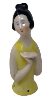 German Porcelain Half Pincushion Doll with Black Hair