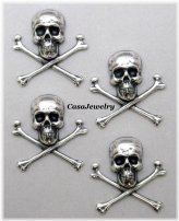 Antiqued Sterling Silver Plated Skull and Cross Bones Set - 4 Pieces