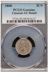 1868 Three Cent Nickel PCGS AU Details Cleaned