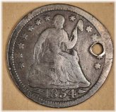 1854 Seated Liberty Half Dime - Holed