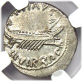 Marc Antony Silver Galley Denarius - 32 BC (NGC AU Certified)