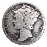 1918-P Silver Mercury Dime in AG Condition