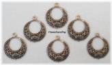 Antiqued Gold Filigree Hoop Earrings with Top Hang Ring - Set of 6