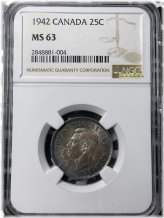 1942 Canadian Silver Quarter in Choice UNC Condition