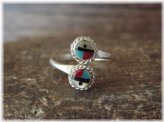 Sunface Zuni Turquoise & Coral Inlay Adjustable Ring