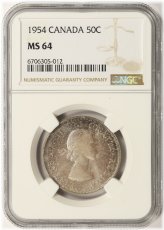 1954 Canadian Silver Half Dollar in NGC MS64