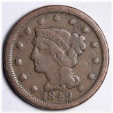 1849 Braided Hair Large Cent in Choice Fine Condition