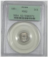 1851 Silver Three-Cent Piece PCGS MS 62 - Old Green Holder