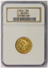 Golden Liberty Head 1843 AU 58 Half Eagle