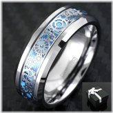 Clockwork Gears Tungsten Wedding Band with Blue Carbon Fiber Inlay