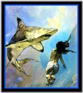 Shark's Seductive Symphony Vinyl Sticker - A Tribute to Frazetta's Art