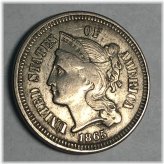 1865 XF Three Cent Nickel