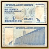 Agro Cheque Zimbabwe 100 Billion Dollars, 2008 (Cir) with COA