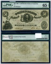 Confederate States of America $50 Banknote, Series 1861, Grade CU65