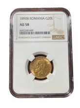 Romania Carol I Gold 20 Lei Coin, 1890B NGC AU58