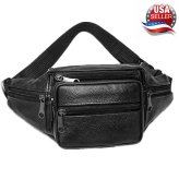 Black Leather Hip Pack with Multiple Zippered Compartments