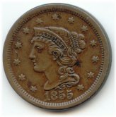 Upright 5's Braided Hair Large Cent, 1855