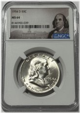 Silver Portrait 1954 D NGC MS64 White Franklin Half Dollar