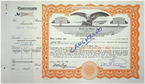 Reiter Dairy Company Vintage Stock Certificate