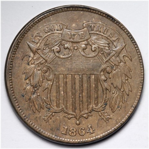 1864 Choice AU+/UNC Two Cent Piece