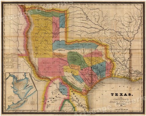 Galveston Land Grants Map - 1830s Vintage Print (20x24)