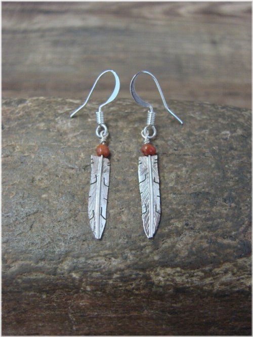 Southwestern Heritage Sterling Silver & Coral Feather Earrings