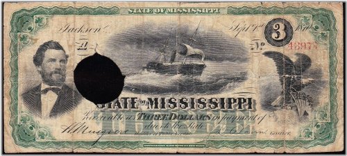 Mississippi State $3 Obsolete Note from 1870
