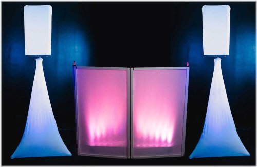 Event-ready DJ Set: White Speaker Covers, Scrims, Stands, and Lights with Facade