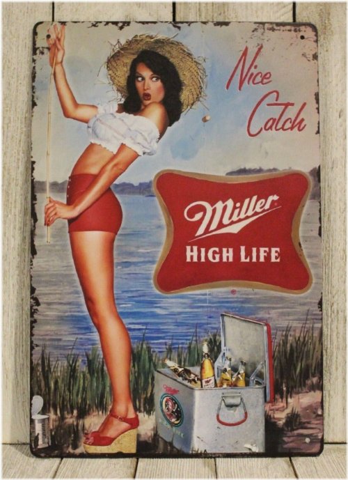 Vintage Fishing Pinup Tin Poster