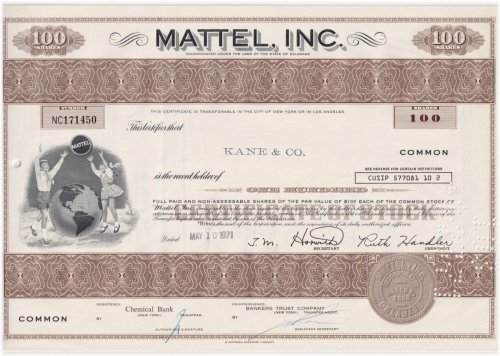 Vintage Mattel Stock Certificate