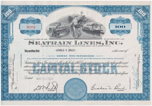 Vintage Seatrain Lines Stock Certificate